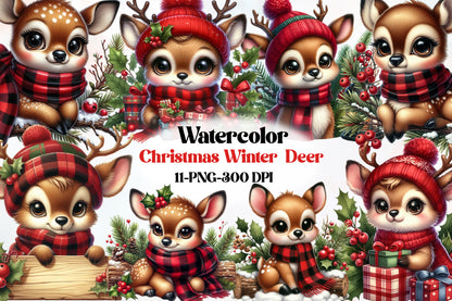 Watercolor Christmas Winter Deer Clipart PNG Bundle | Cute Reindeer Deer Holiday Designs