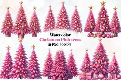 21 Watercolor Christmas Pink Trees PNG Sublimation Bundle Pink Holiday Tree