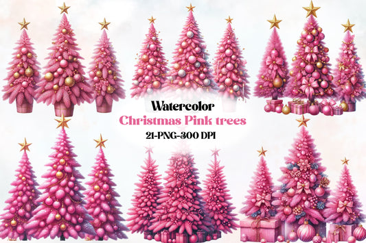 21 Watercolor Christmas Pink Trees PNG Sublimation Bundle Pink Holiday Tree