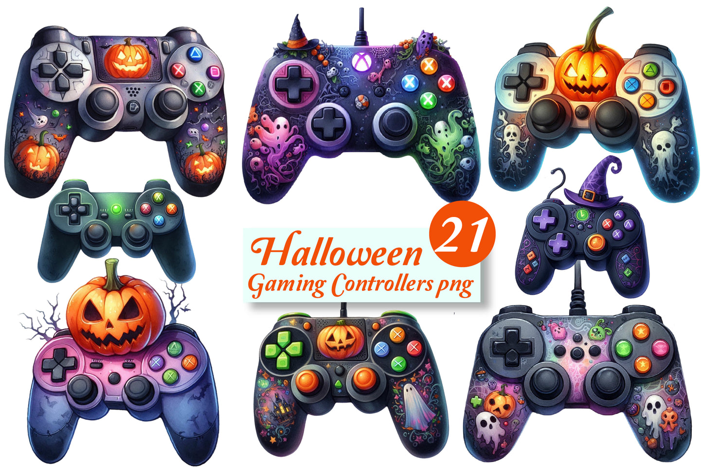 21 Watercolor Halloween Gaming Controller PNG Bundle Gamer Spooky Game Clipart
