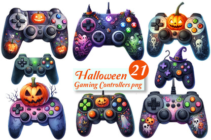 21 Watercolor Halloween Gaming Controller PNG Bundle Gamer Spooky Game Clipart