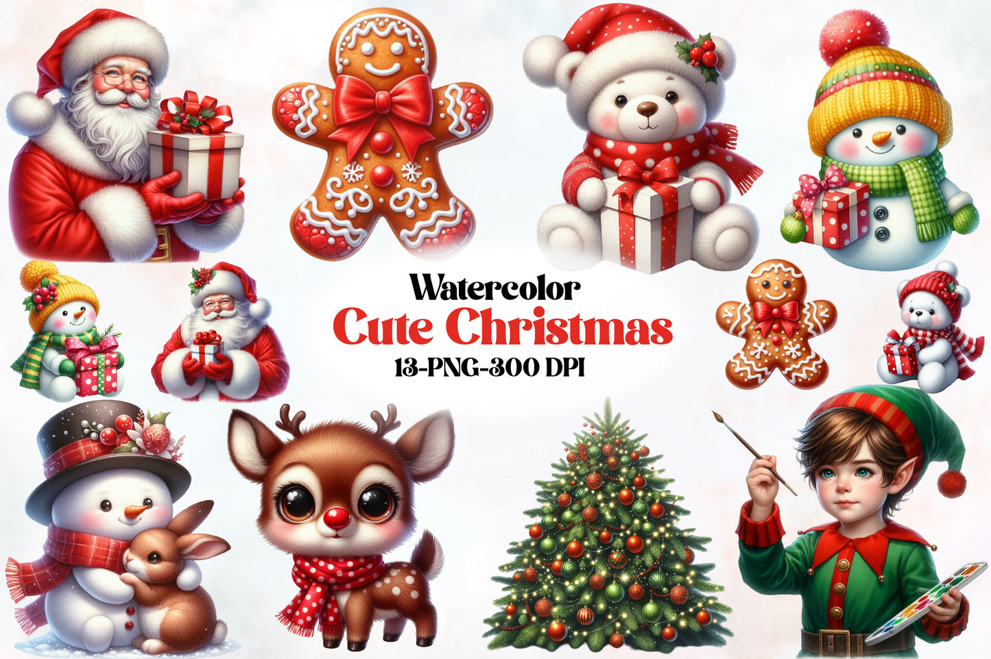 Cute Christmas Clipart PNG Bundle | Santa, Gingerbread, Teddy Bear, Snowman & Reindeer