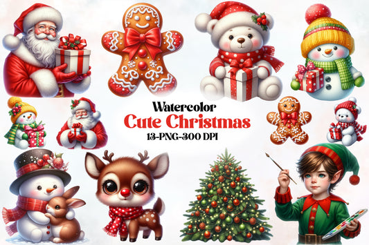Cute Christmas Clipart PNG Bundle | Santa, Gingerbread, Teddy Bear, Snowman & Reindeer