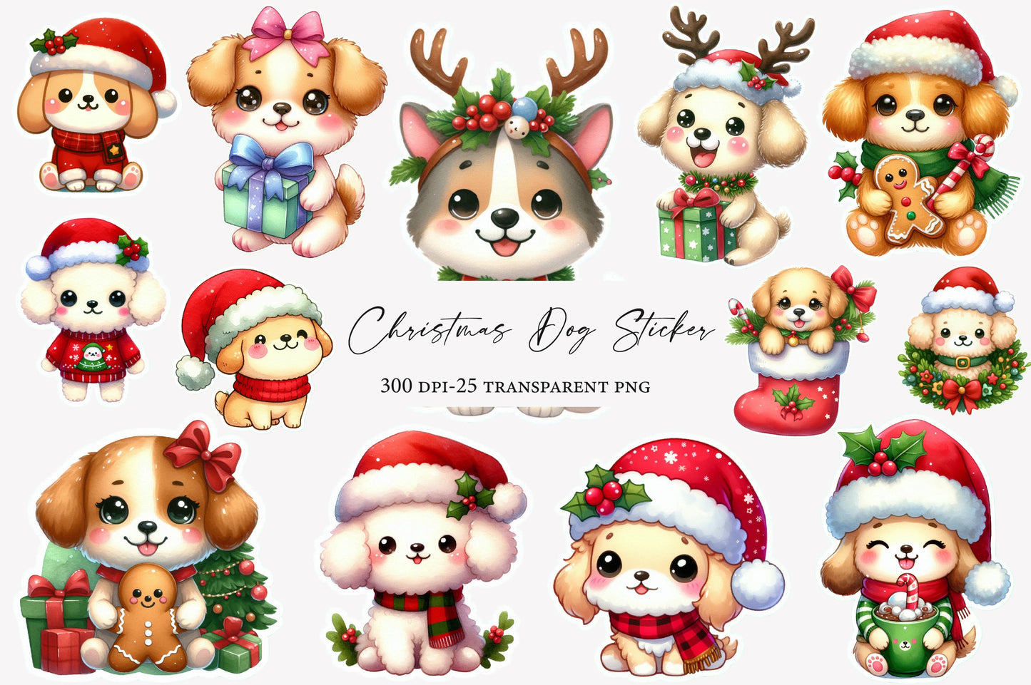 Christmas Dog Sticker Sublimation PNG Bundle | Watercolor Cute Holiday Dog Stickers | Festive Puppy PNG