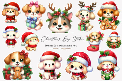 Christmas Dog Sticker Sublimation PNG Bundle | Watercolor Cute Holiday Dog Stickers | Festive Puppy PNG