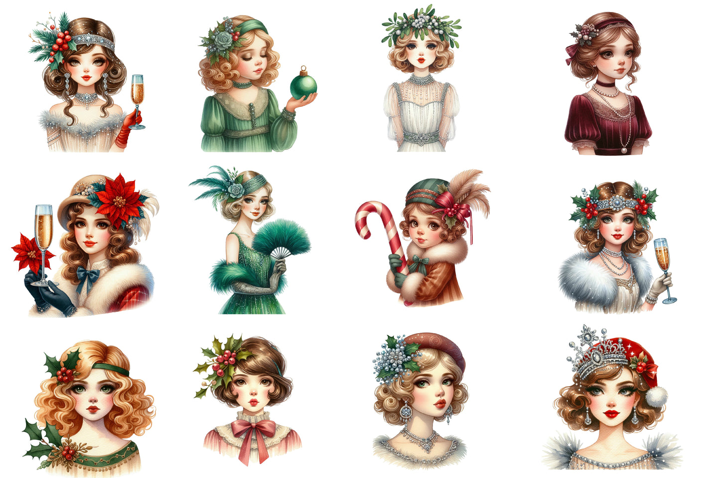 1920 Coquette Christmas Girls Clipart PNG Bundle | Cute Watercolor Pink Holiday Girls Clipart | Coquette Winter Girl PNG