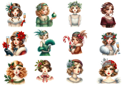 1920 Coquette Christmas Girls Clipart PNG Bundle | Cute Watercolor Pink Holiday Girls Clipart | Coquette Winter Girl PNG