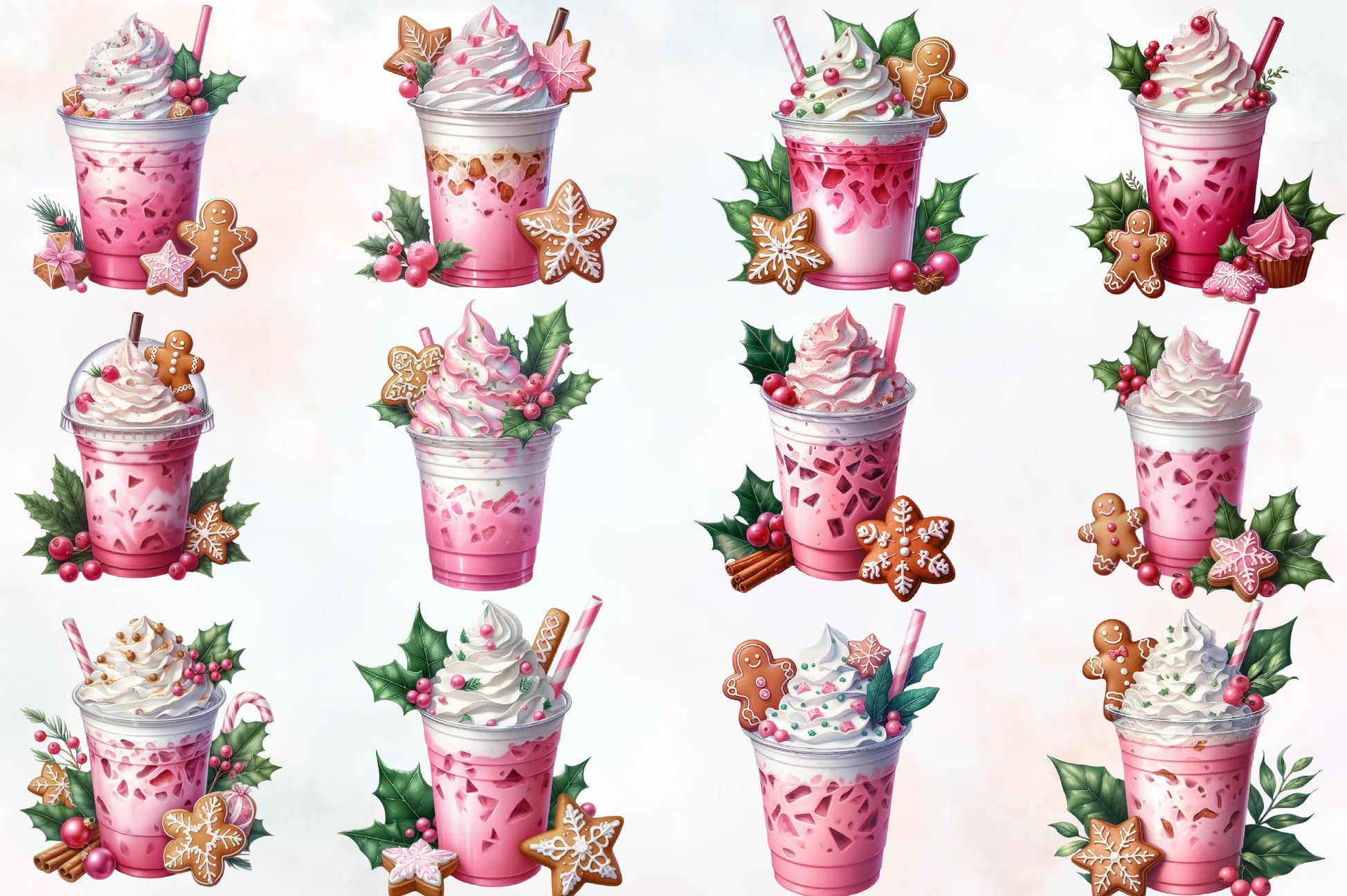 Pink Christmas Coffee Cup PNG Bundle Cute Holiday Coffee Sublimation