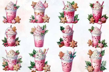 Pink Christmas Coffee Cup PNG Bundle Cute Holiday Coffee Sublimation