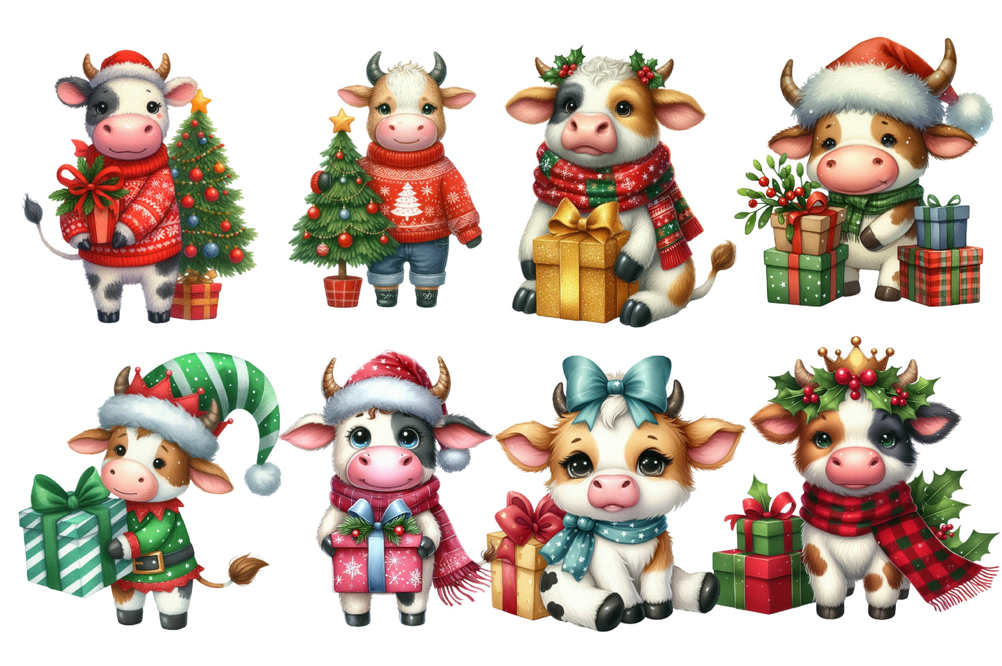 Christmas Funny Cow Clipart PNG Bundle | Watercolor Cute Funny Christmas Cow Clipart | Farmhouse Holiday Sublimation PNG