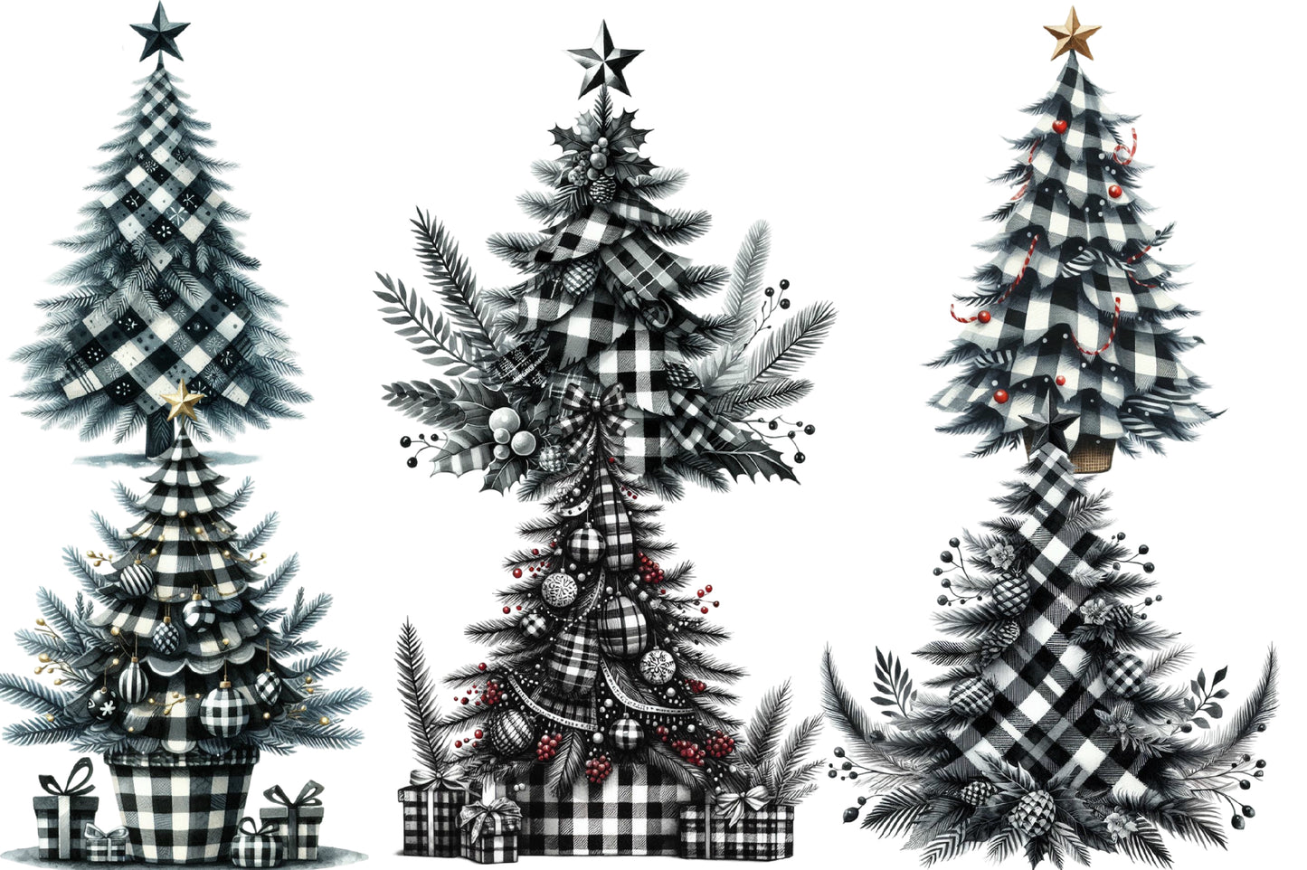 Black & White Plaid Christmas Tree Clipart PNG Bundle | Buffalo Check Christmas Trees, Farmhouse Holiday Trees