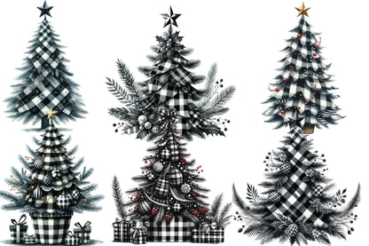 Black & White Plaid Christmas Tree Clipart PNG Bundle | Buffalo Check Christmas Trees, Farmhouse Holiday Trees