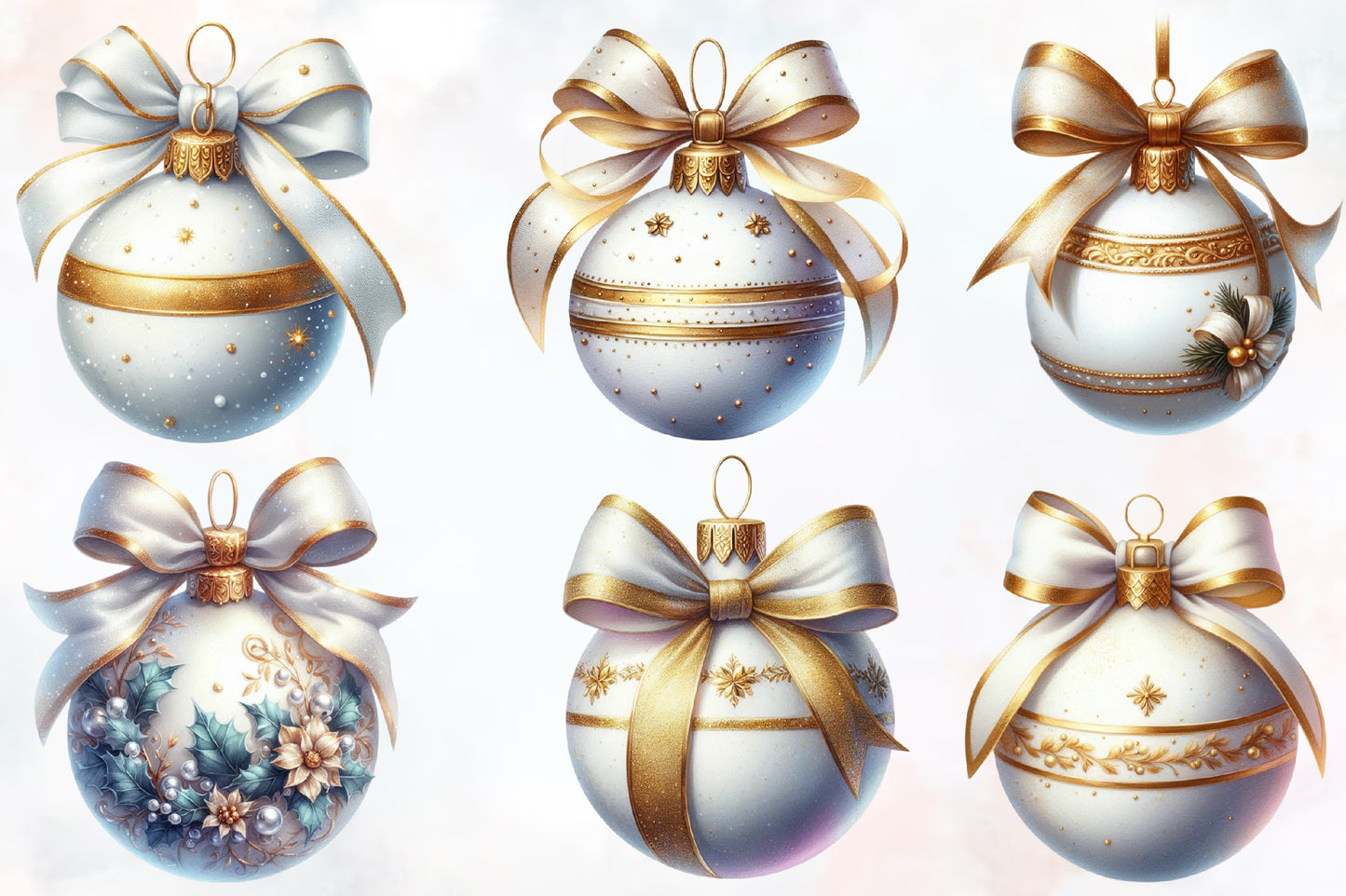 Watercolor Christmas Ornament Clipart PNG Bundle | Elegant Gold & Blue Baubles
