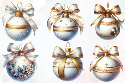 Watercolor Christmas Ornament Clipart PNG Bundle | Elegant Gold & Blue Baubles