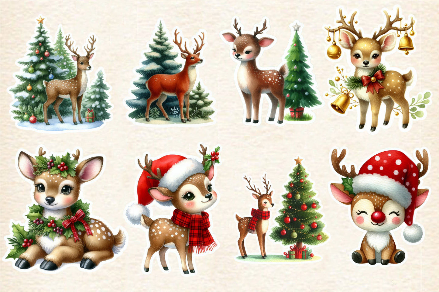 Christmas Deer Sticker Clipart PNG Bundle | Watercolor Cute Christmas Deer Stickers | Holiday Reindeer Sublimation PNG