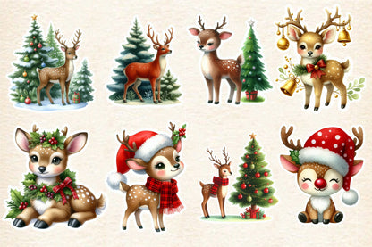 Christmas Deer Sticker Clipart PNG Bundle | Watercolor Cute Christmas Deer Stickers | Holiday Reindeer Sublimation PNG