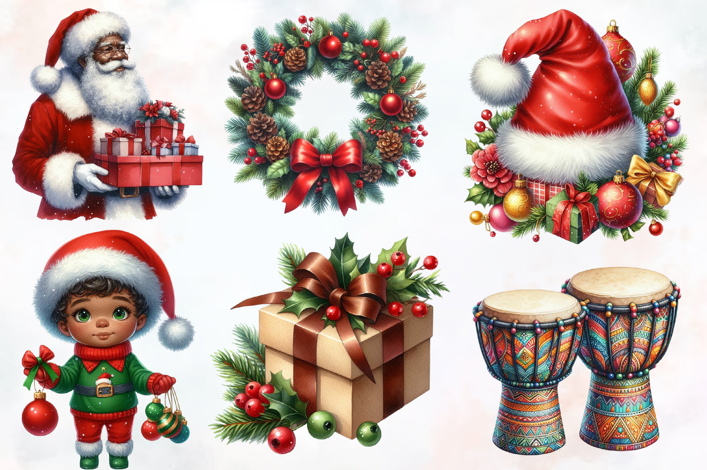 African American Christmas Clipart PNG Bundle | Black Santa, Christmas Kids, Gifts, Drums & Holiday Designs