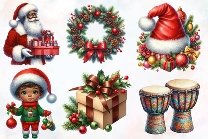 African American Christmas Clipart PNG Bundle | Black Santa, Christmas Kids, Gifts, Drums & Holiday Designs