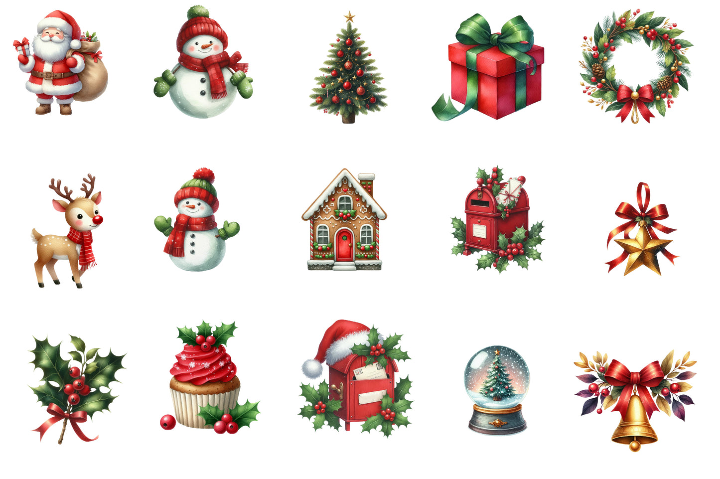 Happy Christmas Watercolor Clipart PNG Bundle | Cute Christmas Holiday Clipart | Festive Christmas Sublimation PNG