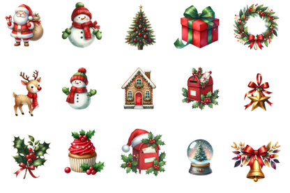 Happy Christmas Watercolor Clipart PNG Bundle | Cute Christmas Holiday Clipart | Festive Christmas Sublimation PNG
