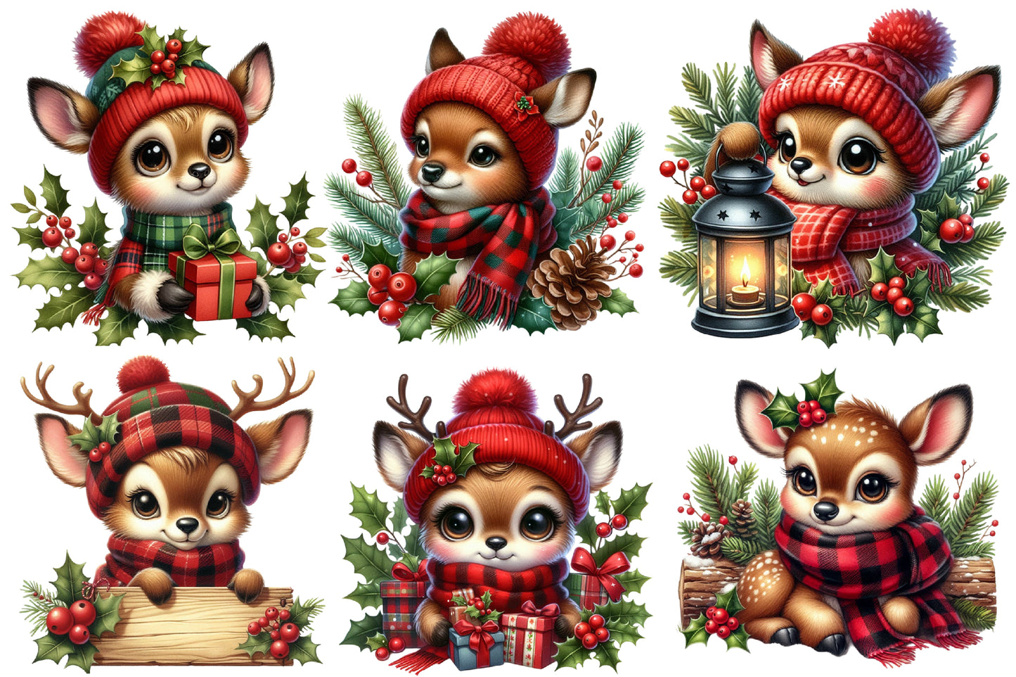 Watercolor Christmas Winter Deer Clipart PNG Bundle | Cute Reindeer Deer Holiday Designs