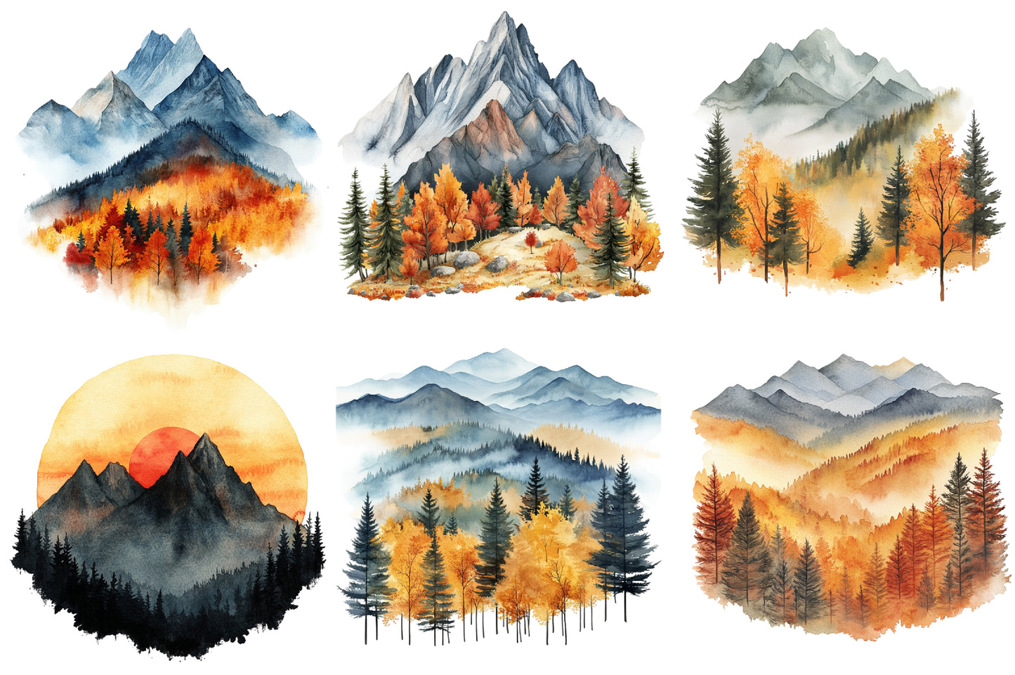 Fall Mountains Watercolor Clipart PNG Bundle | Autumn Mountain Landscape | Fall Nature Sublimation