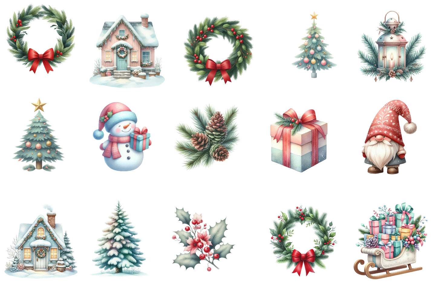 Merry Christmas Clipart PNG Bundle | Christmas Watercolor Clipart | Winter Christmas Trees & Holiday Elements