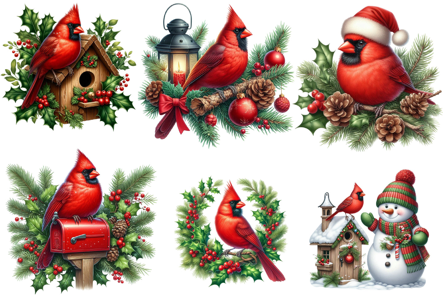 Watercolor Christmas Red Cardinal Clipart PNG Bundle | Winter Cardinal Birds & Holiday Decor