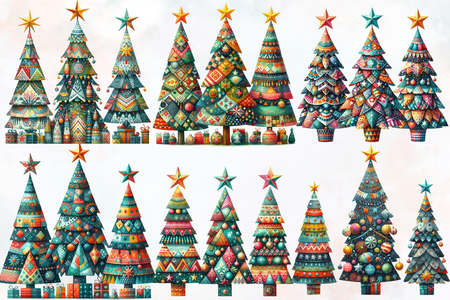 Watercolor Cute Christmas Tree Clipart PNG Bundle | Colorful Holiday Christmas Tree, Ornament & Festive Tree Designs