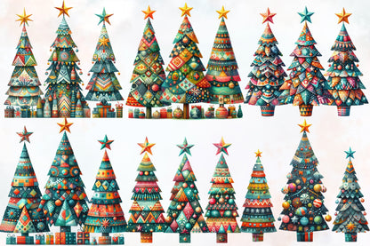 Watercolor Cute Christmas Tree Clipart PNG Bundle | Colorful Holiday Christmas Tree, Ornament & Festive Tree Designs