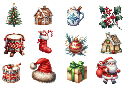 Christmas Watercolor Clipart PNG Bundle | Holidays Christmas Clipart | Festive Holiday Watercolor Sublimation PNG