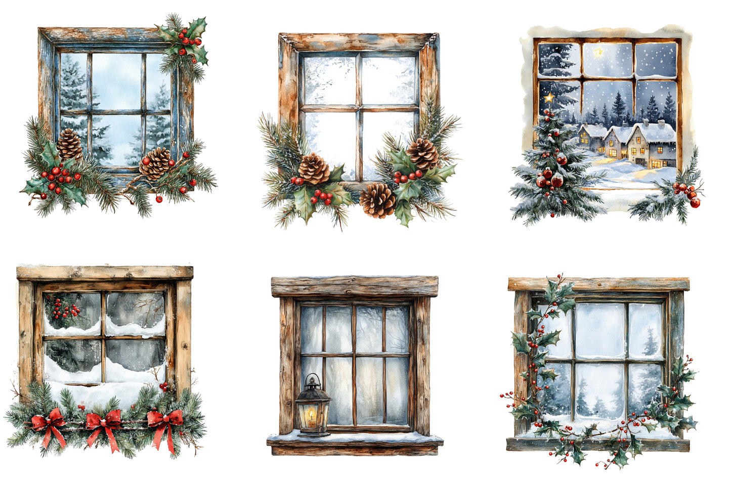 Christmas Windows Watercolor Clipart PNG Bundle | Winter Window Clipart | Christmas Sublimation