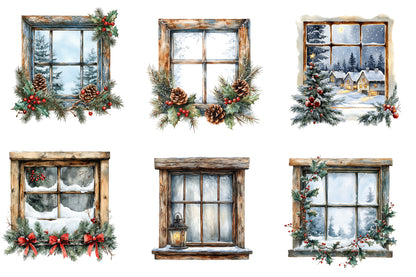 Christmas Windows Watercolor Clipart PNG Bundle | Winter Window Clipart | Christmas Sublimation