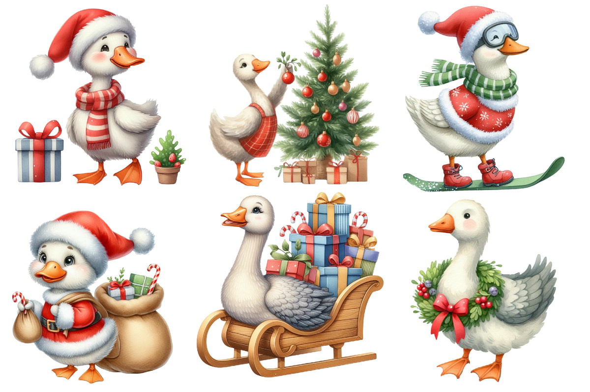 Christmas Silly Goose Clipart Bundle | Cute Watercolor Christmas Goose PNG | Funny Holiday Goose Sublimation Clipart