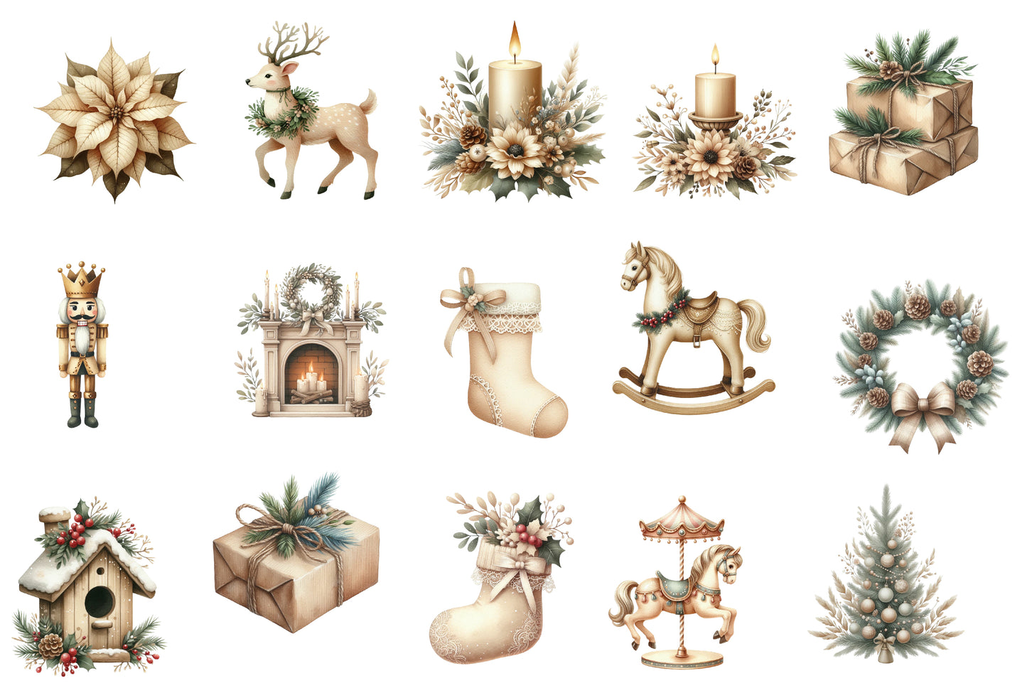 Beige Christmas Clipart PNG Bundle | Neutral Watercolor Christmas Clipart | Elegant Boho Holiday PNG