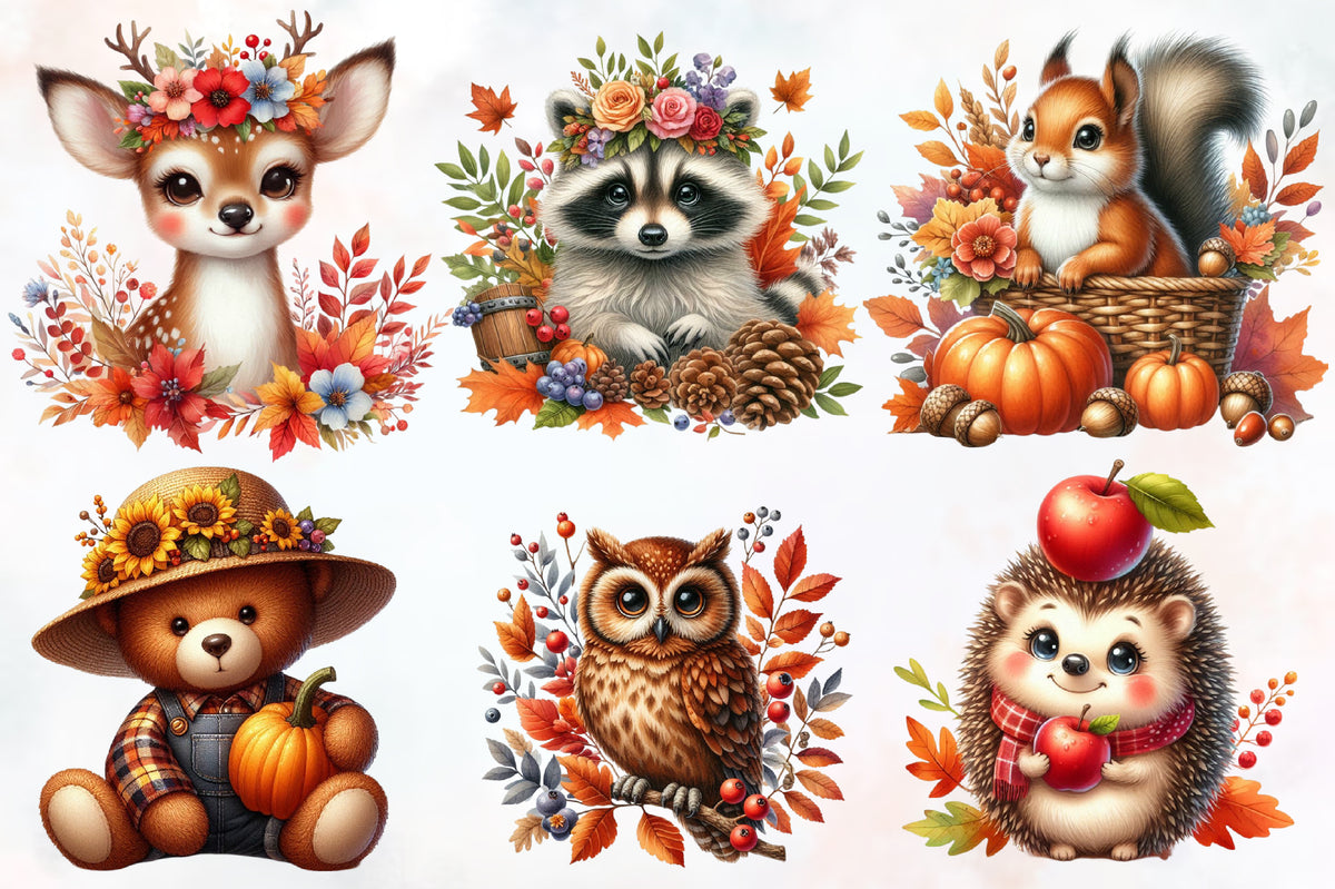 Watercolor Autumn Animals PNG Bundle 20 Cute Fall Clipart Designs