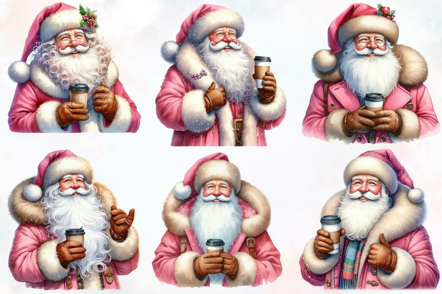 Santa Claus & Coffee Clipart PNG Bundle | Pink Christmas Santa with Coffee Cup, Winter Holiday Designs