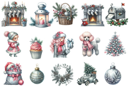 Silver Christmas Watercolor Clipart PNG Bundle | Winter Christmas Clipart | Pink Silver Christmas Sublimation PNG