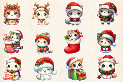 Christmas Cat Sticker Clipart PNG Bundle | Watercolor Cute Christmas Cat Stickers | Holiday Cat Sublimation PNG