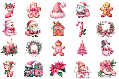 Pink Sweet Christmas Watercolor Clipart PNG Bundle | Cute Pink Christmas Clipart | Pink Holiday Sublimation PNG