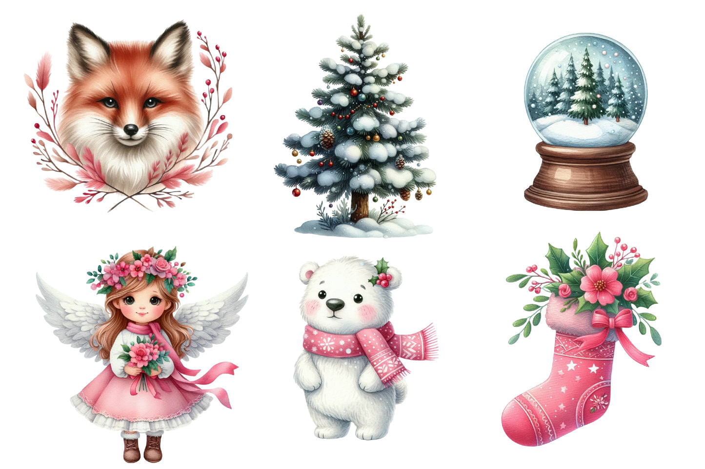 Pink Christmas Woodland Animals Watercolor Clipart PNG Bundle | Christmas Clipart | Winter Sublimation