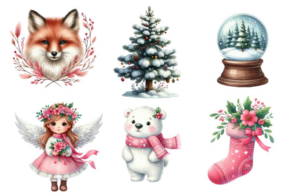 Pink Christmas Woodland Animals Watercolor Clipart PNG Bundle | Christmas Clipart | Winter Sublimation