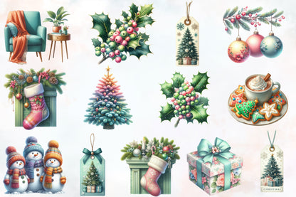Pastel Merry Christmas Clipart PNG Bundle | Cute Christmas Tree, Snowman, Ornaments, Gifts, Cocoa & Winter Designs