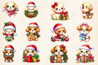 Christmas Dog Sticker Sublimation PNG Bundle | Watercolor Cute Holiday Dog Stickers | Festive Puppy PNG