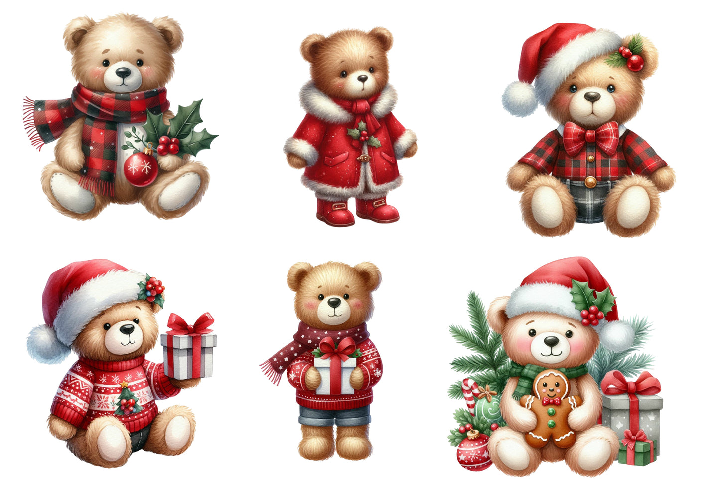 Christmas Bears Clipart PNG Bundle | Watercolor Cute Christmas Bear Clipart | Festive Holiday Bear PNG