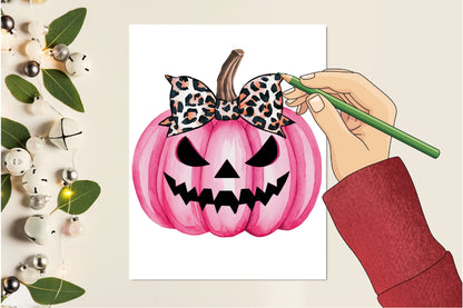 22 Halloween Pink Pumpkin PNG Bundle Leopard Bow Jack O Lantern Clipart
