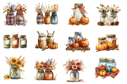 Fall Mason Jars PNG Bundle | Autumn Mason Jar Clipart, Farmhouse Fall Flowers, Sunflower PNG