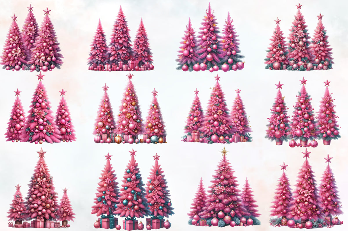 21 Watercolor Christmas Pink Trees PNG Sublimation Bundle Pink Holiday Tree