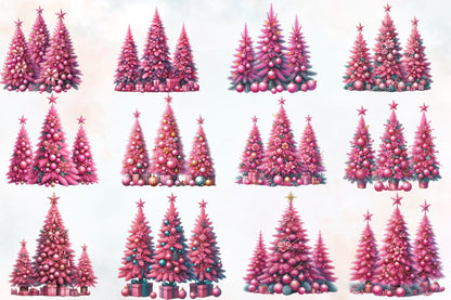 21 Watercolor Christmas Pink Trees PNG Sublimation Bundle Pink Holiday Tree
