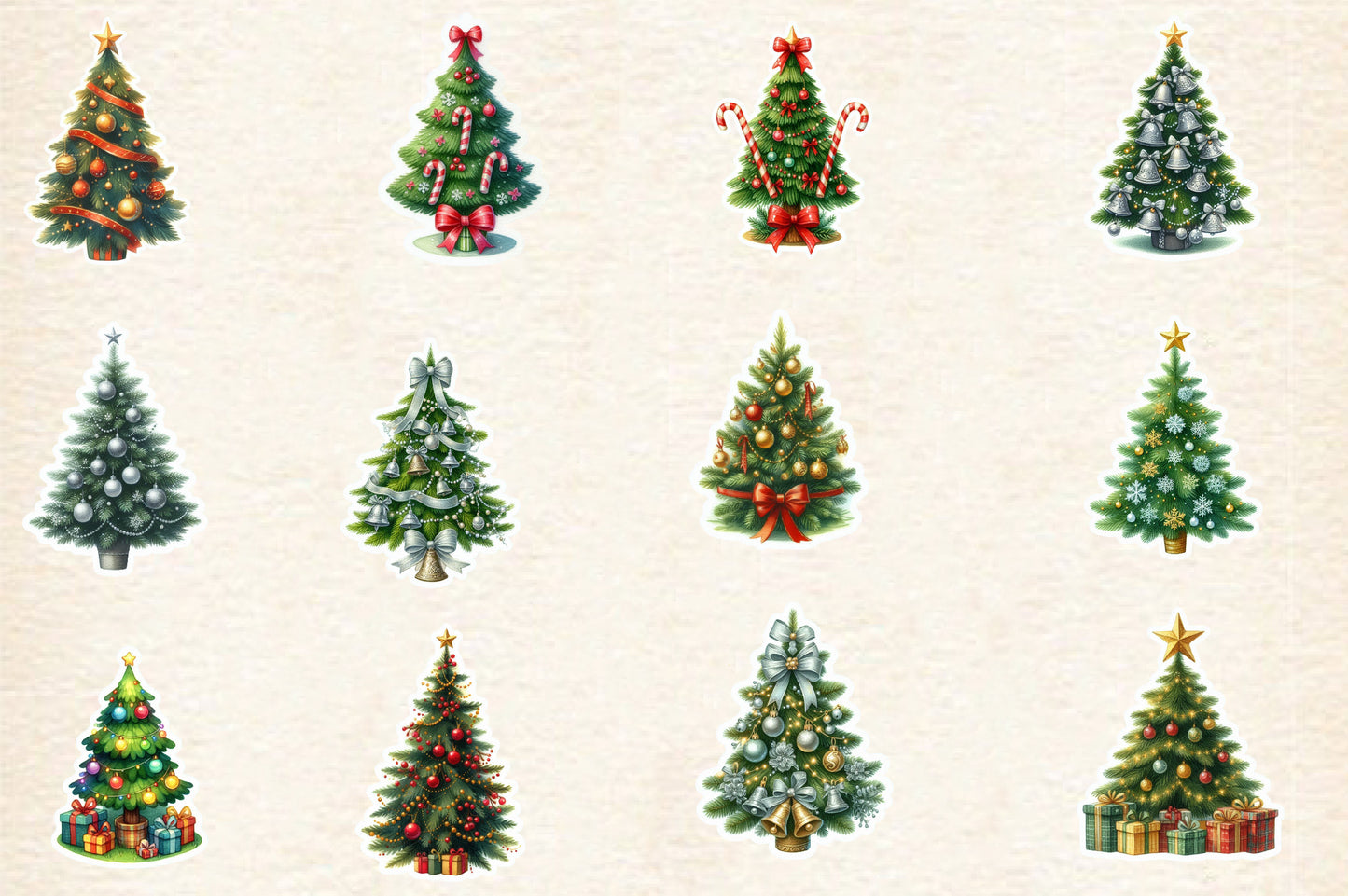 Christmas Tree Sticker Clipart PNG Bundle | Cute Watercolor Christmas Tree Sticker Clipart | Festive Holiday Sublimation PNG